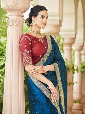 Rajwada Women Dark Blue Saree With Unstitched Blouse