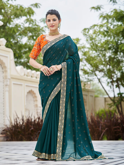 Rajwada Women Teal Saree With Unstitched Blouse