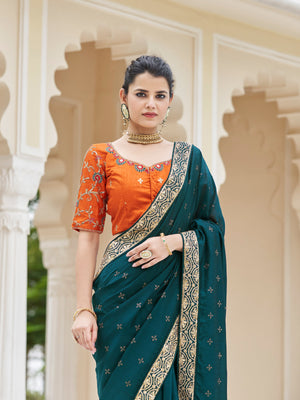 Rajwada Women Teal Saree With Unstitched Blouse