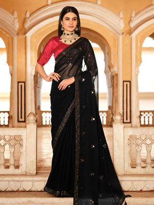 Rajwada Women Classic Black Chinon Saree With Unstitched Blouse