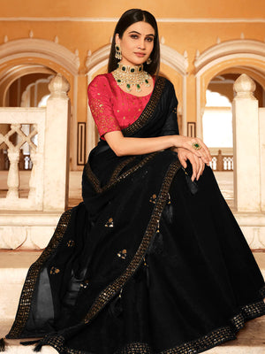 Rajwada Women Classic Black Chinon Saree With Unstitched Blouse