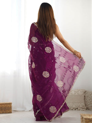 Rajwada Wine Organza Embroidered Solid Saree For Women