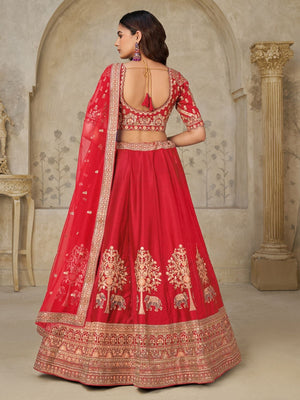 Rajwada Red Silk Blend Embroidered Semi-Stitched Lehenga For Women
