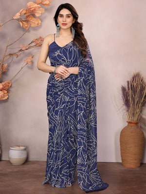 Rajwada Blue Georgette Printed Saree With Unstitched Blouse For Women