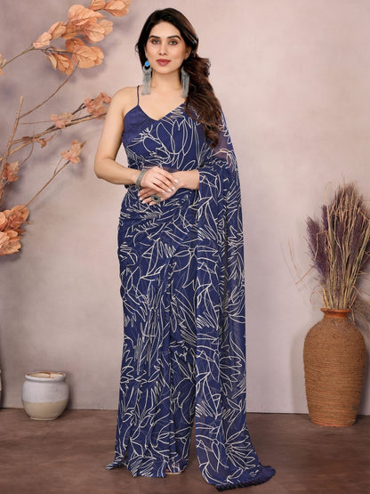 Rajwada Blue Georgette Printed Saree With Unstitched Blouse For Women