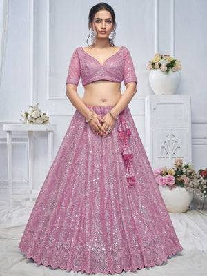 Rajwada Pink Soft Net Embellished Semi-Stitched Lehenga With Unstitched Blouse For Women