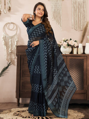 Rajwada Black Cotton Linen Zari Work Saree For Women