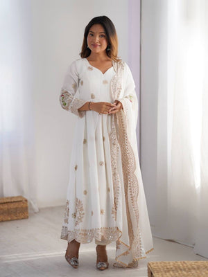 Rajwada White Chiffon Embroidered Stitched Kurta Set For Women