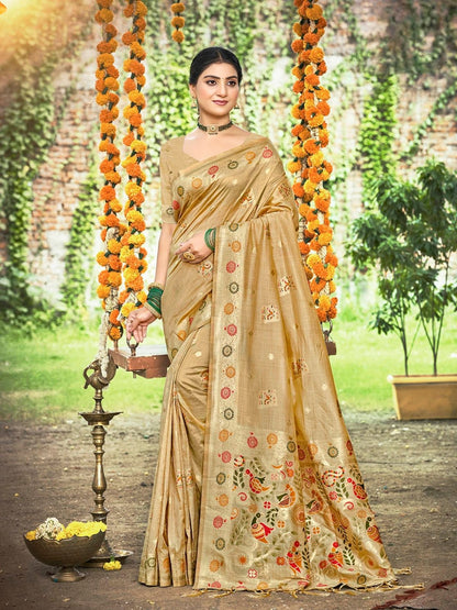 Rajwada Dark Beige Silk Blend Printed Saree For Women