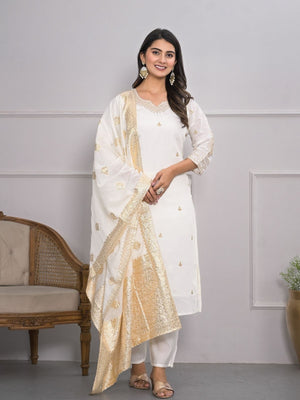 Rajwada White Silk Blend Embroidered Stitched Kurta Set For Women