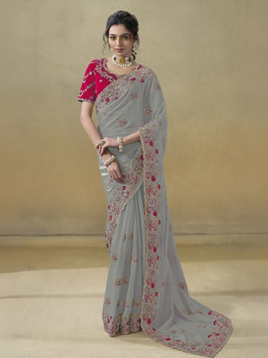 Rajwada Grey Georgette Embroidered Elegant Saree For Women