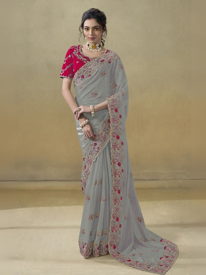 Rajwada Grey Georgette Embroidered Elegant Saree For Women