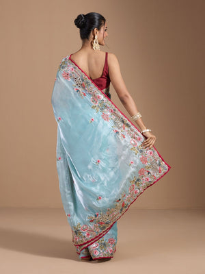 Rajwada Sky Blue Organza Embroidered Solid Saree For Women