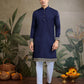 Rajwada Navy Blue Cotton Blend Embroidered Stitched Kurta For Men