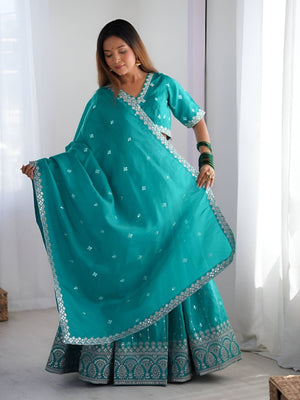 Rajwada Sea Green Silk Blend Embroidered Semi-Stitched lehenga For Women