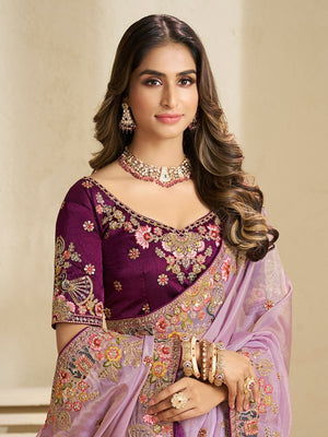 Rajwada Lavender Satin Embroidered Saree For Women