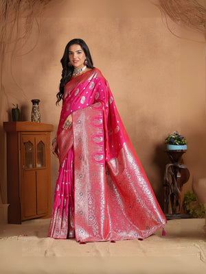Rajwada Pink Silk Blend Woven Elegant Saree For Women