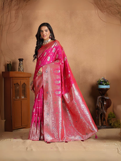 Rajwada Pink Silk Blend Woven Elegant Saree For Women