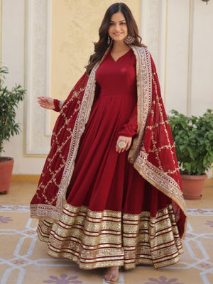 Rajwada Maroon Georgette Stitched Gown With Dupatta For Women