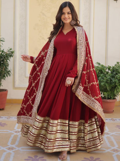 Rajwada Maroon Georgette Stitched Gown With Dupatta For Women