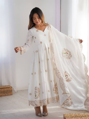 Rajwada White Chiffon Embroidered Stitched Kurta Set For Women