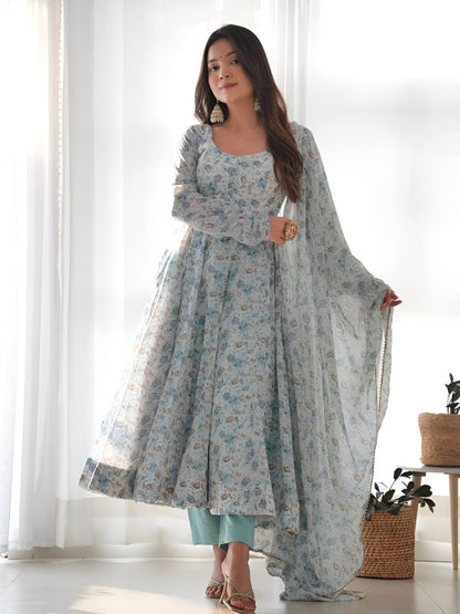 Rajwada Light  Blue Chiffon Floral Digital Print Stitched Kurta Set For Women