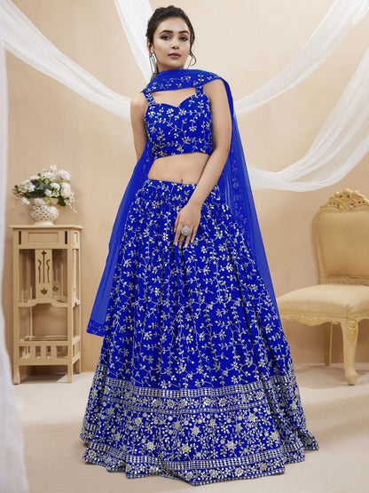 Rajwada Blue Georgette Embroidered Semi-Stitched Lehenga For Women