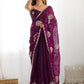 Rajwada Wine Organza Embroidered Solid Saree For Women
