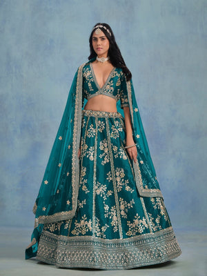 Rajwada Teal Art Silk Embroidered Semi-Stitched lehenga For Women