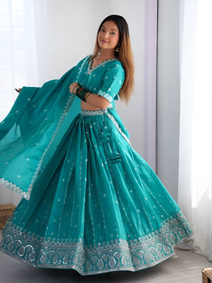 Rajwada Sea Green Silk Blend Embroidered Semi-Stitched lehenga For Women