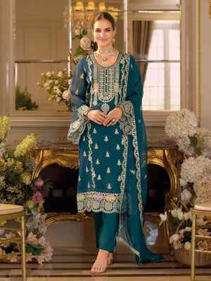 Rajwada Teal Blue Chinon Embellished Semi Stitched Kurta Set For Women