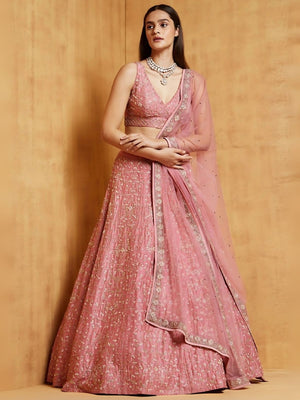 Rajwada Pink Satin Embroidered Semi-Stitched Lehenga For Women