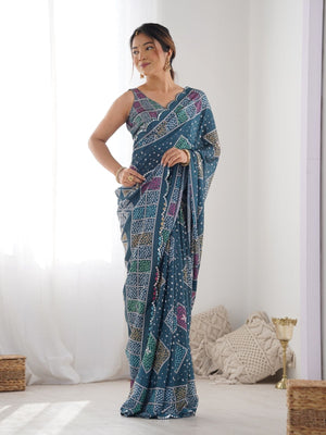 Rajwada Teal Chinon Printed Saree With Unstitched Blouse For Women