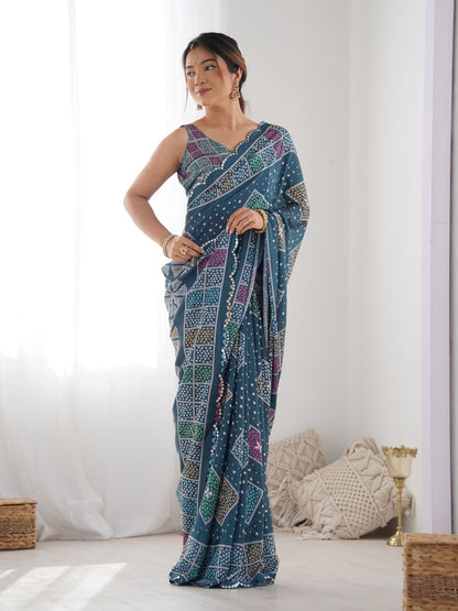 Rajwada Teal Chinon Printed Saree With Unstitched Blouse For Women