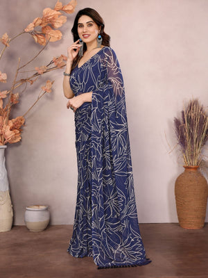 Rajwada Blue Georgette Printed Saree With Unstitched Blouse For Women