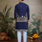 Rajwada Navy Blue Cotton Blend Embroidered Stitched Kurta For Men