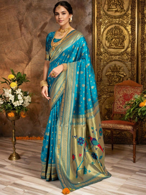 Rajwada Sky Blue Silk Blend Woven Pithani Saree For Women