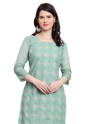 Rajwada Pista Green Georgette Embroidered Kurti For Women