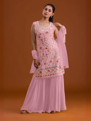 Rajwada Pink Georgette Embroidered Semi-Sitched Kurta Set For Women