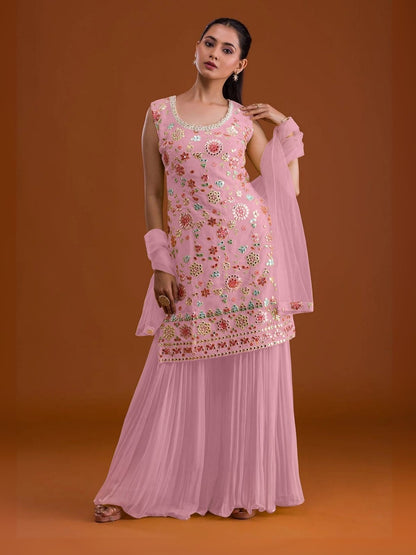 Rajwada Pink Georgette Embroidered Semi-Sitched Kurta Set For Women