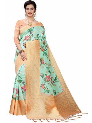 Rajwada Sea Green Silk Blend Floral Printed Saree For Women