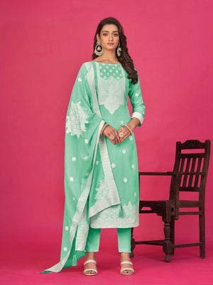 Rajwada Green Organza Embroidered Semi-Stitched Kurta Set For Women