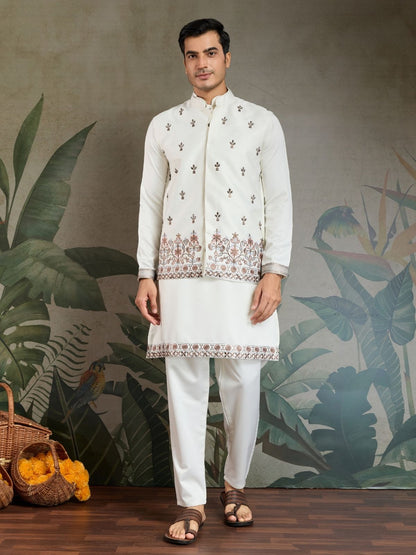 Rajwada White Silk Blend Embroidered Stitched Kurta Set For Men