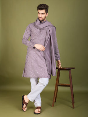 Rajwada Purple Viscose Silk Embellished Stitched Kurta For Men