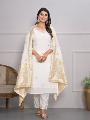 Rajwada White Silk Blend Embroidered Stitched Kurta Set For Women