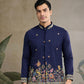 Rajwada Navy Blue Cotton Blend Embroidered Stitched Kurta For Men