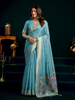 Rajwada Sky Blue Cotton Blend Printed Saree For Women