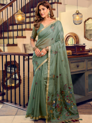 Rajwada Green Cotton Blend Solid Saree For Women
