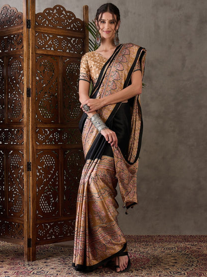 Rajwada Black And Gold Silk Blend Printed Elegant Saree For Women