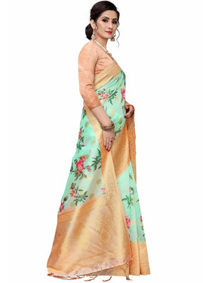 Rajwada Sea Green Silk Blend Floral Printed Saree For Women